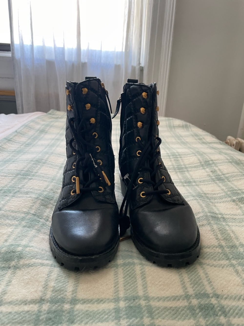 Tory Burch Black Quilted Lace-Up Combat Boots with Gold Hardware - Picture 3 of 4